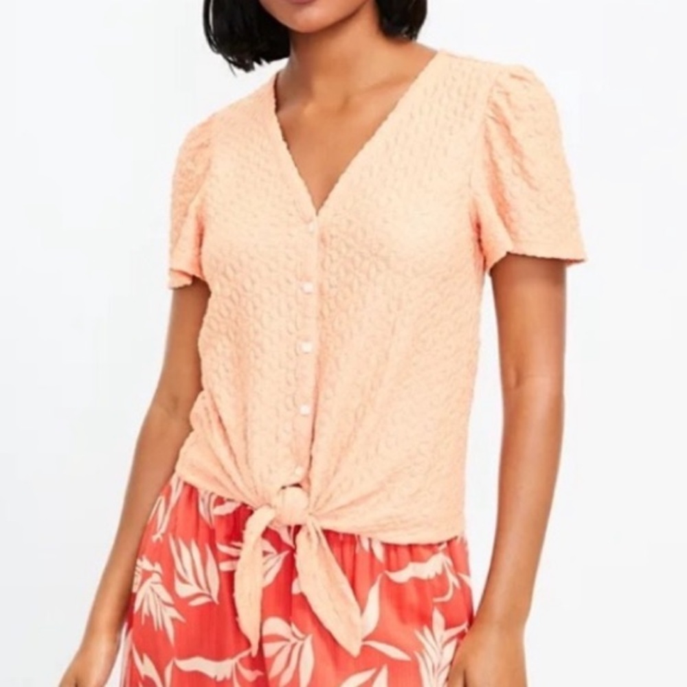 LOFT Light Orange Textured Button Up Tie Front Top